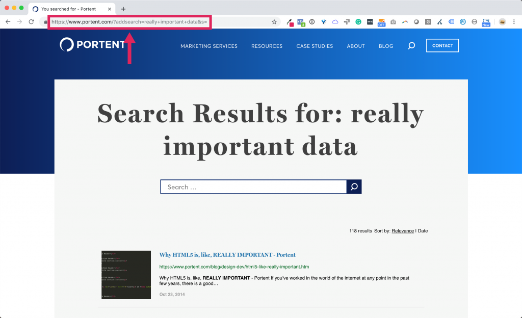 Screenshot of Portent blog highlighting search URL parameters.