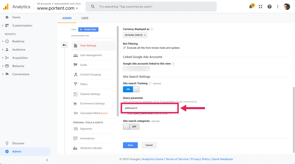 Screenshot showing where to enter the query parameter you copied in Google Analytics.