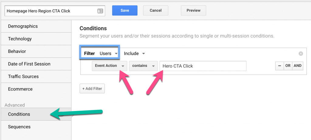 Screenshot showing how to select event criteria you created in GTM