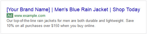 Example of good ad copy that uses dynamic keyword insertion for rain jackets showing up in SERPs