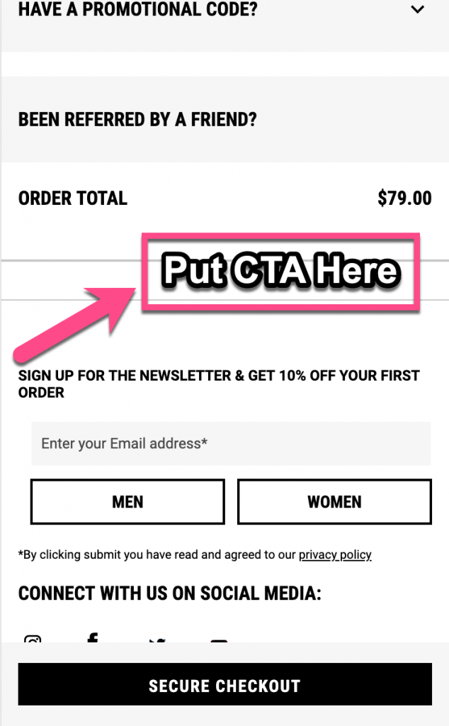 Screenshot example of where a clear "next step" CTA should go on the Diesel checkout page