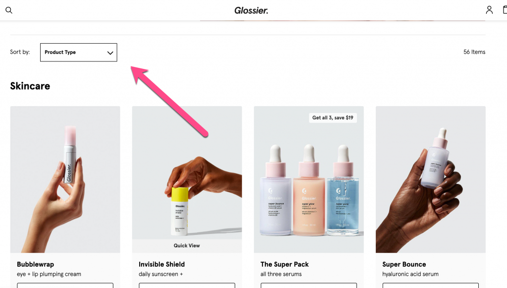 Screenshot example of a limited product filtering system from Glossier
