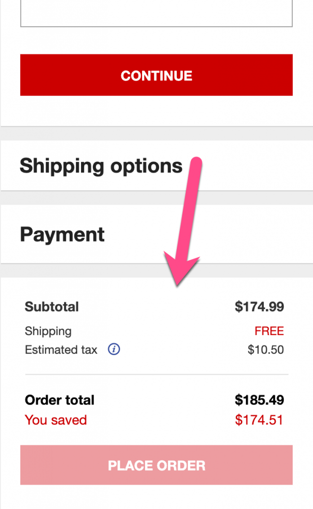 Screenshot example showing an opportunity to include static product info during Macy's checkout process
