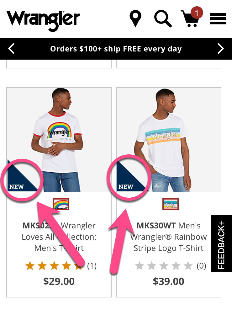Screenshot example showing how Wrangler indicates new and top selling items, but no badges for products on sale