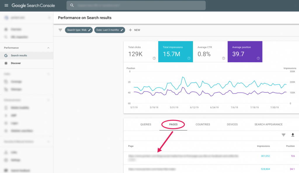Screenshot of where to find page performance search results in Google Search Console