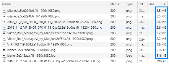 Screenshot showing a list of uncompressed image sizes