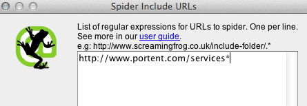 Screenshot showing how to add the URL pattern you want to match in Screaming Frog