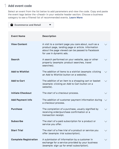 Screenshot showing how to select a standard event from a drop down list in Facebook
