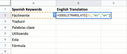 GIF showing steps on how to use the GOOGLETRANSLATE formula in Google Sheets