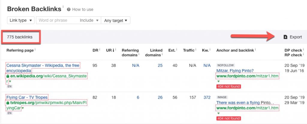 Screenshot showing broken backlinks search results on Ahrefs with arrow showing how to export data