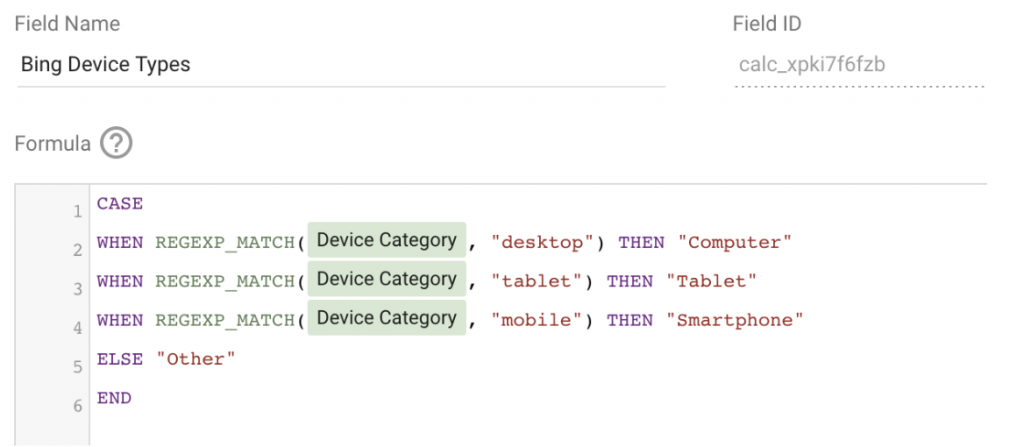 Screenshot showing how to create a custom field in Google Ads data source, using a "case when" formula for device type