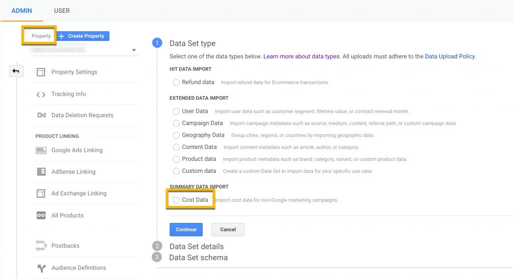 Screenshot showing how to manually import data into Google Analytics