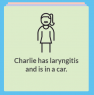 Illustration of a line drawing figure with the caption "Charlie has laryngitis and is in a car."