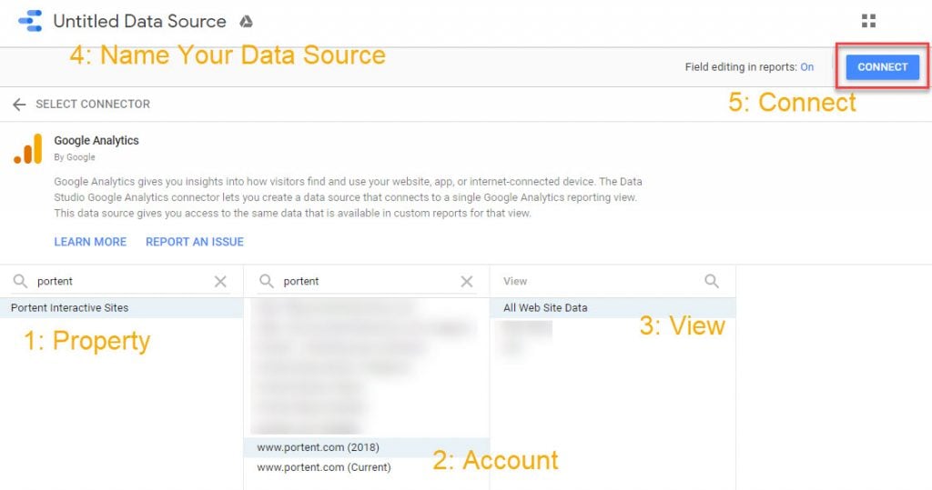 Screenshot of GDS with numbers that correspond to the elements in the instructions: property, account, view, connect, and name your data source