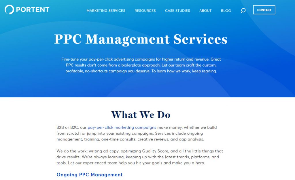 Screen shot of Portent's organic landing page for PPC Management Services