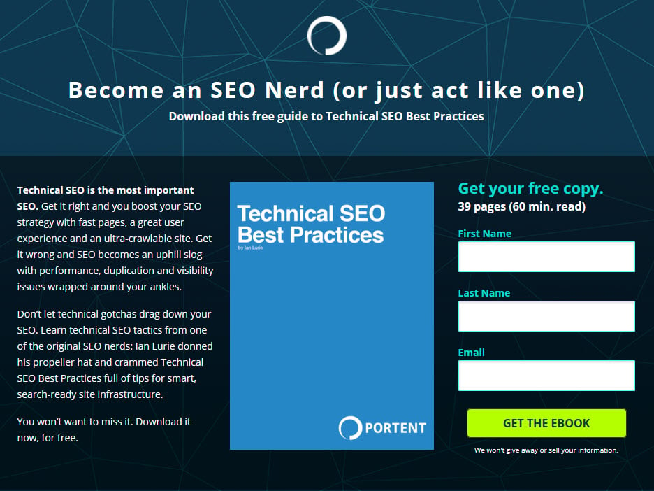 Screen shot of a custom landing page for a specific paid campaign promoting Portent's technical SEO guide.