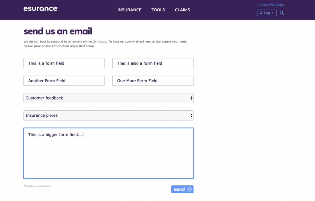 Screenshot of a contact form on esurance.com without field labels.