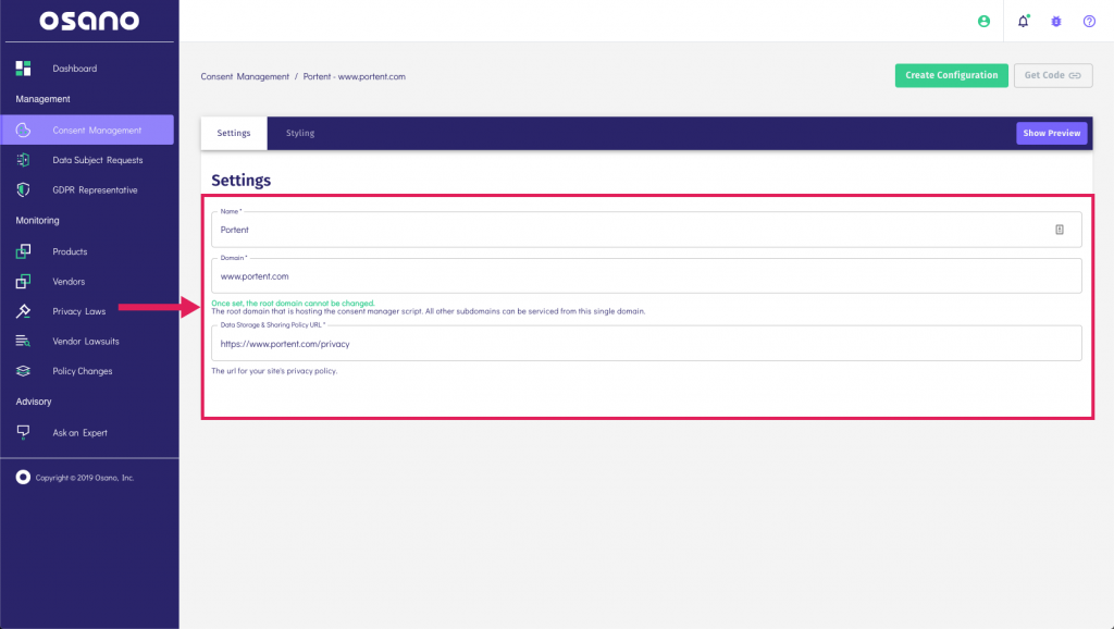 Screenshot showing how to link to your company's privacy policy in Osano