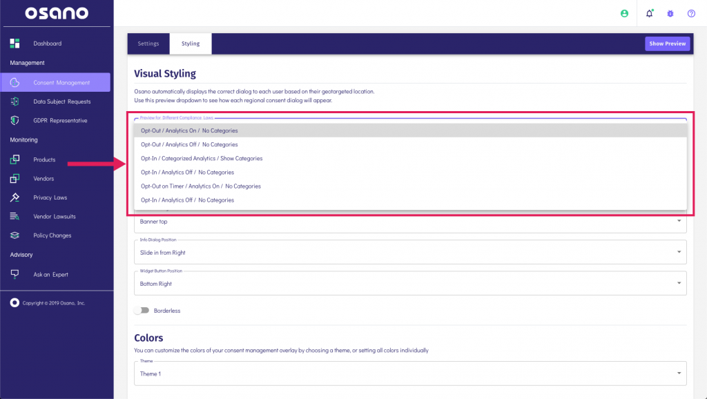 Screenshot of Osano visual stying page showing how to select a compliance type from the drop down.
