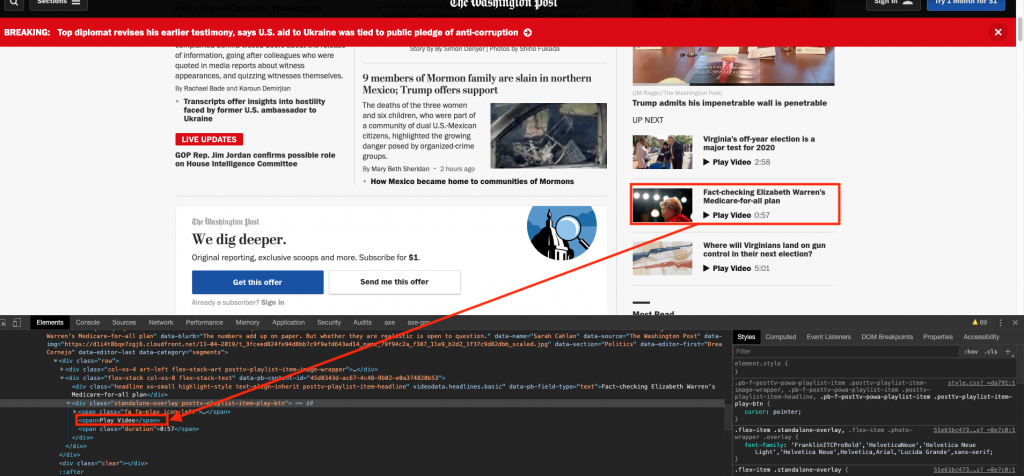 Screenshot of The Washington Post's landing page with code that shows the video buttons uses the incorrect DIV element