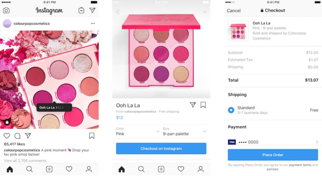 Three screenshots showing how Instagram Checkout works as an in-app shopping feature