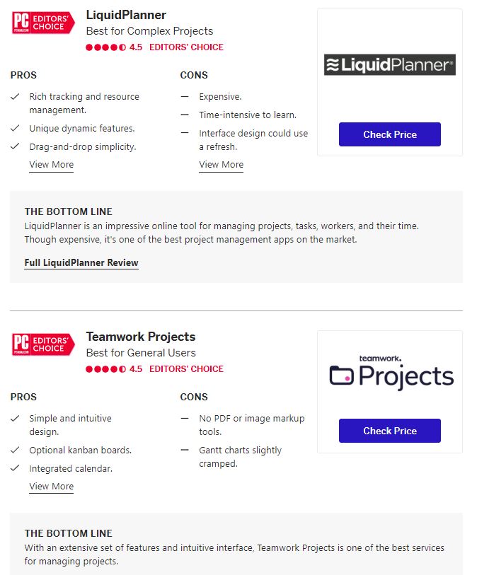 Screenshot of PC Magazine's project management software comparison guide