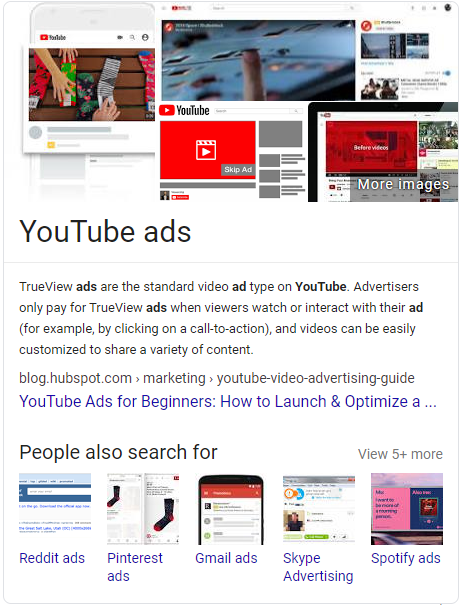 Screenshot of the Google SERP for a query about YouTube ads that embeds featured snippet text within a Knowledge Graph panel with image search results and related topic links
