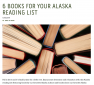 This screen shot taken from a blog post on princesslodges.com shows a collection of books photographed from a top down view. The image contains no specific information. It is only a visual to compliment the blog title of ‘6 Books For Your Alaska Reading List’. This image is decorative because it could be removed and the full context would be understood.