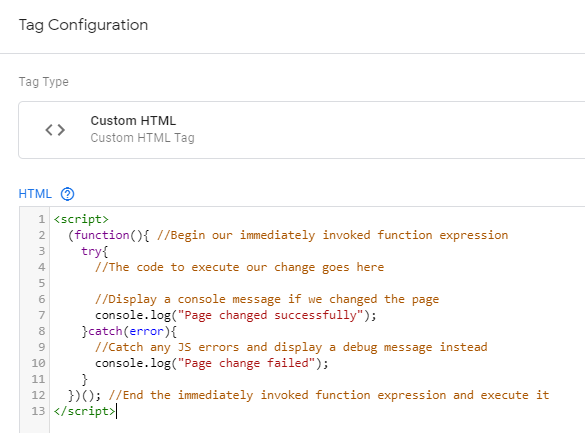 This screenshot shows the custom HTML code template you would need to configure your code to for GTM.