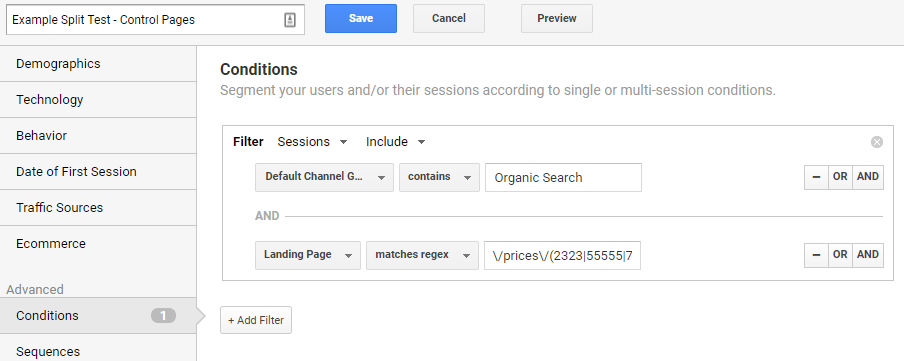 In this screenshot from Google Analytics, you can see that we've created a segment using filters for channel and regular expressions for control pages.