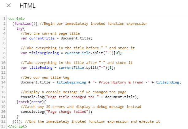This screenshot shows the code needed for the custom HTML code.