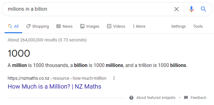 This example shows the results for the query "millions in a billion." The paragraph snippet has no image, and includes the answer "1000" with snippet text below that explains "a million is 1000 thousands, a billion is 1000 millions, and a trillion is 1000 billions."