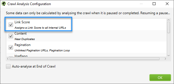Internal PageRank Screaming Frog Crawl Analysis Menu