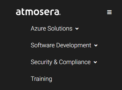 Their top nav link descriptions are very straightforward: Azure Solutions, Software Development, Security & Compliance, and Training.