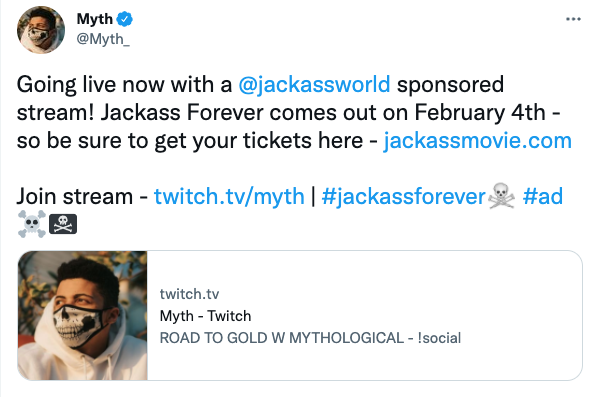 Tweet from influencer Myth promoting the Jackass Forever movie