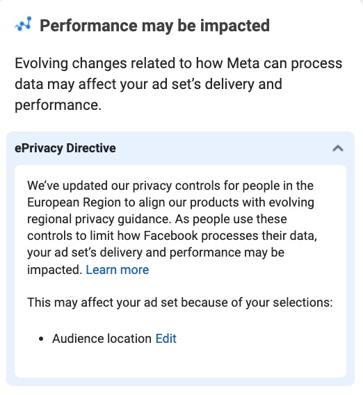 Screenshot of Meta's banner about Europe's ePrivacy directive and how performance may be impacted
