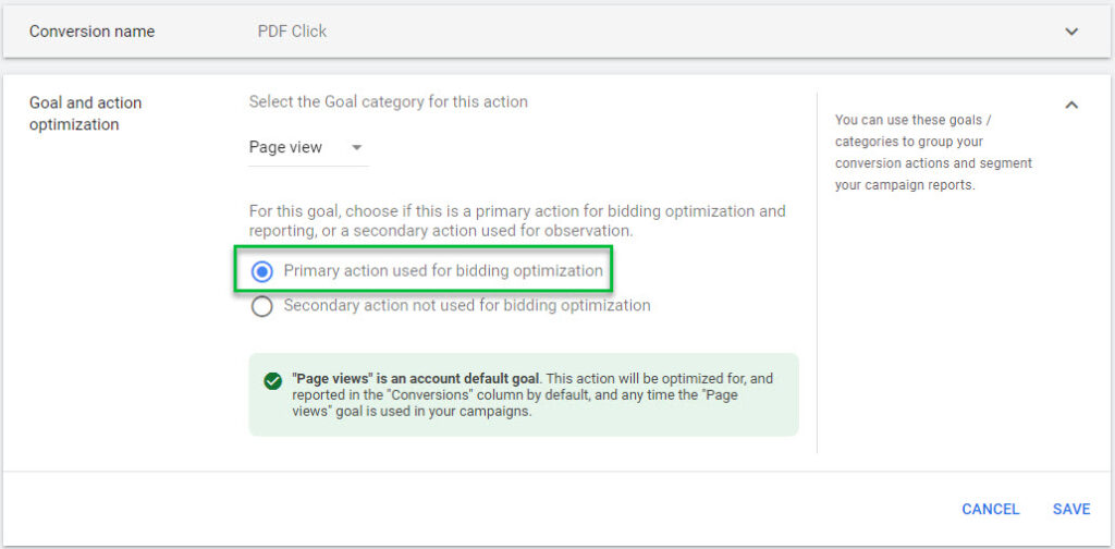 Conversion settings in Google Ads for tracking a PDF click or download with the primary option highlighted so it applies to all campaigns.