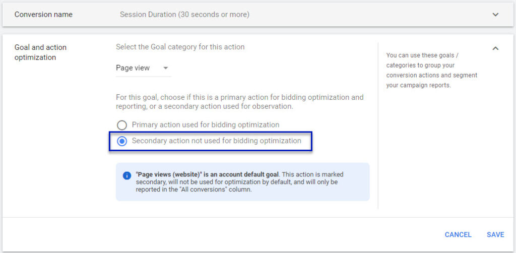 Conversion settings in Google Ads for tracking session durations lasting 30 seconds or more with the secondary option highlighted so it only applies to select display campaigns.