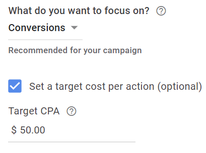 Example of settings filled in for Google Smart Bidding to maximize conversions with 