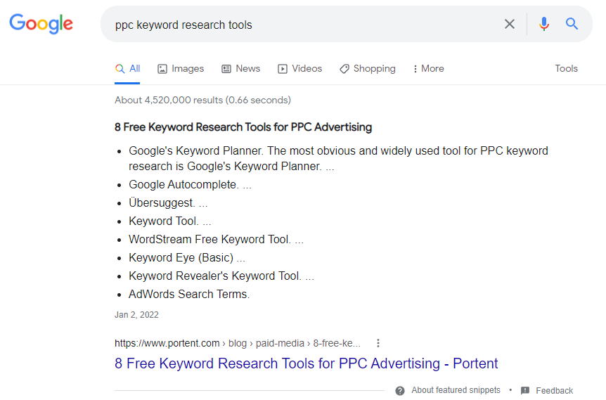 A screenshot of a featured snippet one of the updated blog posts got on Google for 