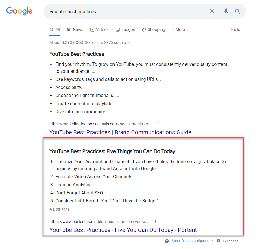 A screenshot of a new featured snippet one of the updated blog posts got on Google for "youtube best practices".