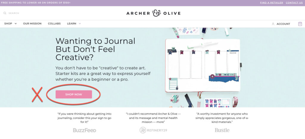 A screenshot of the Archer & Olive website with the call-toaction-button highlighted