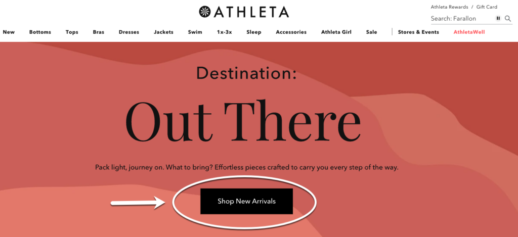 A screenshot of the homepage of Athleta.com with the call-to-action button highlighted