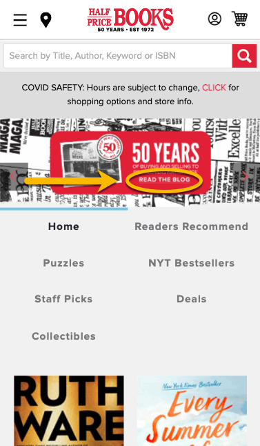 A screenshot of the mobile version of the Half Price Books website with the call-to-action highlighted