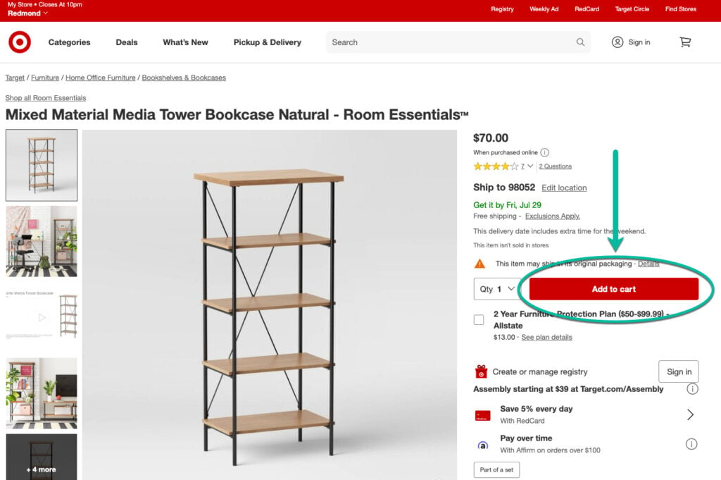 A screenshot of a Target product page with the call-to-action highlighted