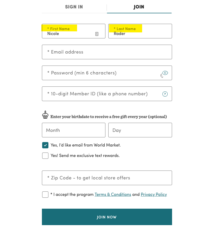 A screenshot of a sign up form on the World Market website with the First Name and Last Name fields highlighted