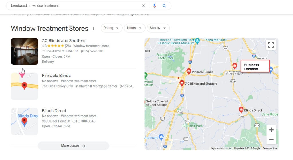 Screenshot of a SERP page with the client's business location marked