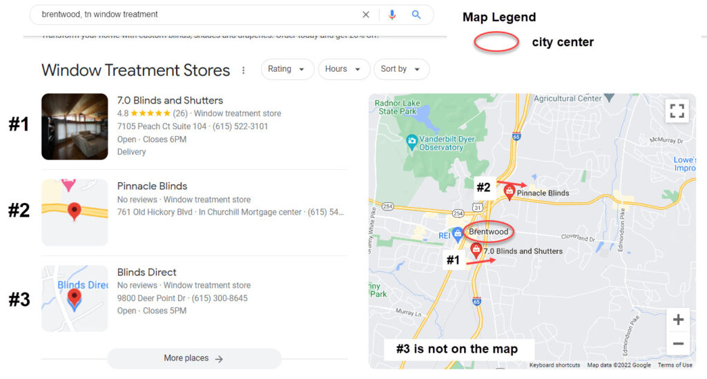 Screenshot of a SERP for the term brentwood, tn window treatment showing a map with the first, second, and third results highlighted