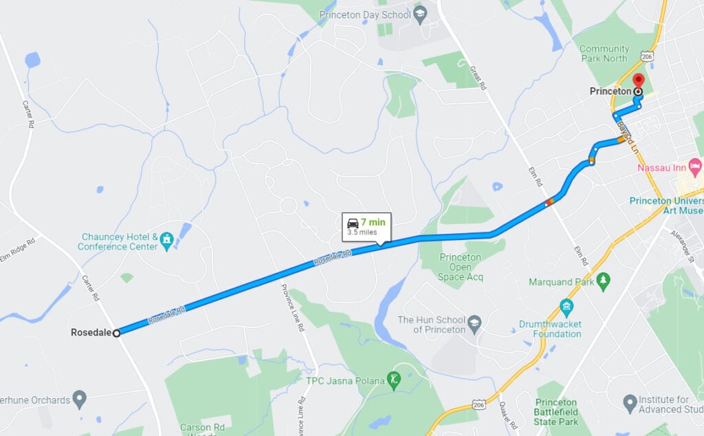 Скриншот карты с выделенным маршрутом между Принстоном и Роуздейлом.