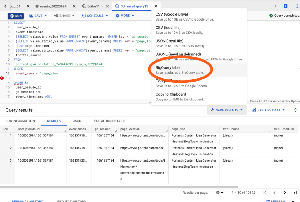 A screenshot of a BigQuery result with the "Save Result" as "BigQuery table" button highlighted